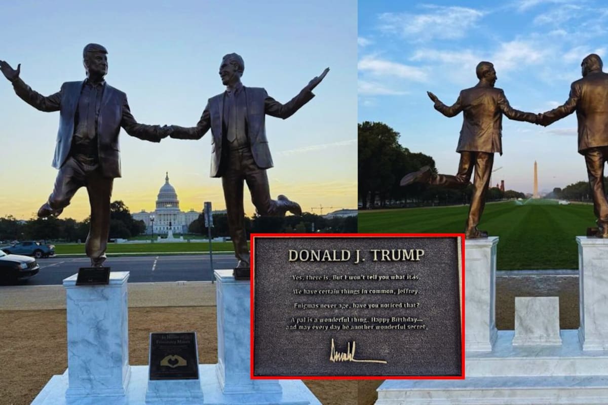 Colectivo coloca escultura de Donald Trump y Jeffrey Epstein tomados de la mano en el National Mall