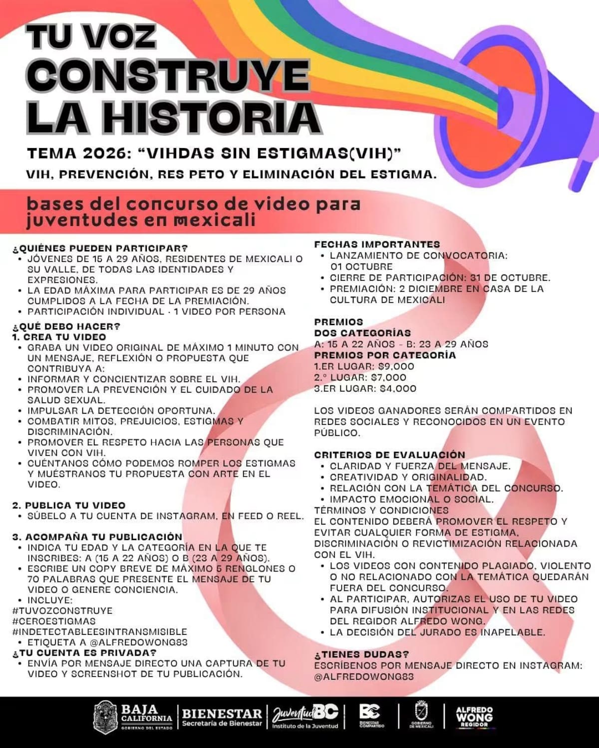 Jóvenes de Mexicali de 15 a 29 años podrán ganar hasta 9 mil pesos en un concurso de videos de un minuto sobre prevención del VIH y combate a la discriminación. La convocatoria cierra el 31 de octubre. Foto: Cortesía