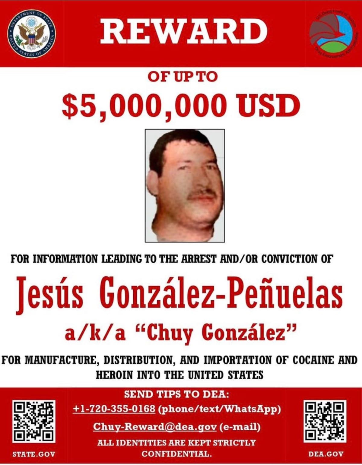 El gobierno de Estados Unidos ofrecía una recompensa de 5 millones de dólares por Jesús González Peñuelas, alias “Chuy Peñuelas”, uno de los operadores del Cártel de Guasave. | Especial