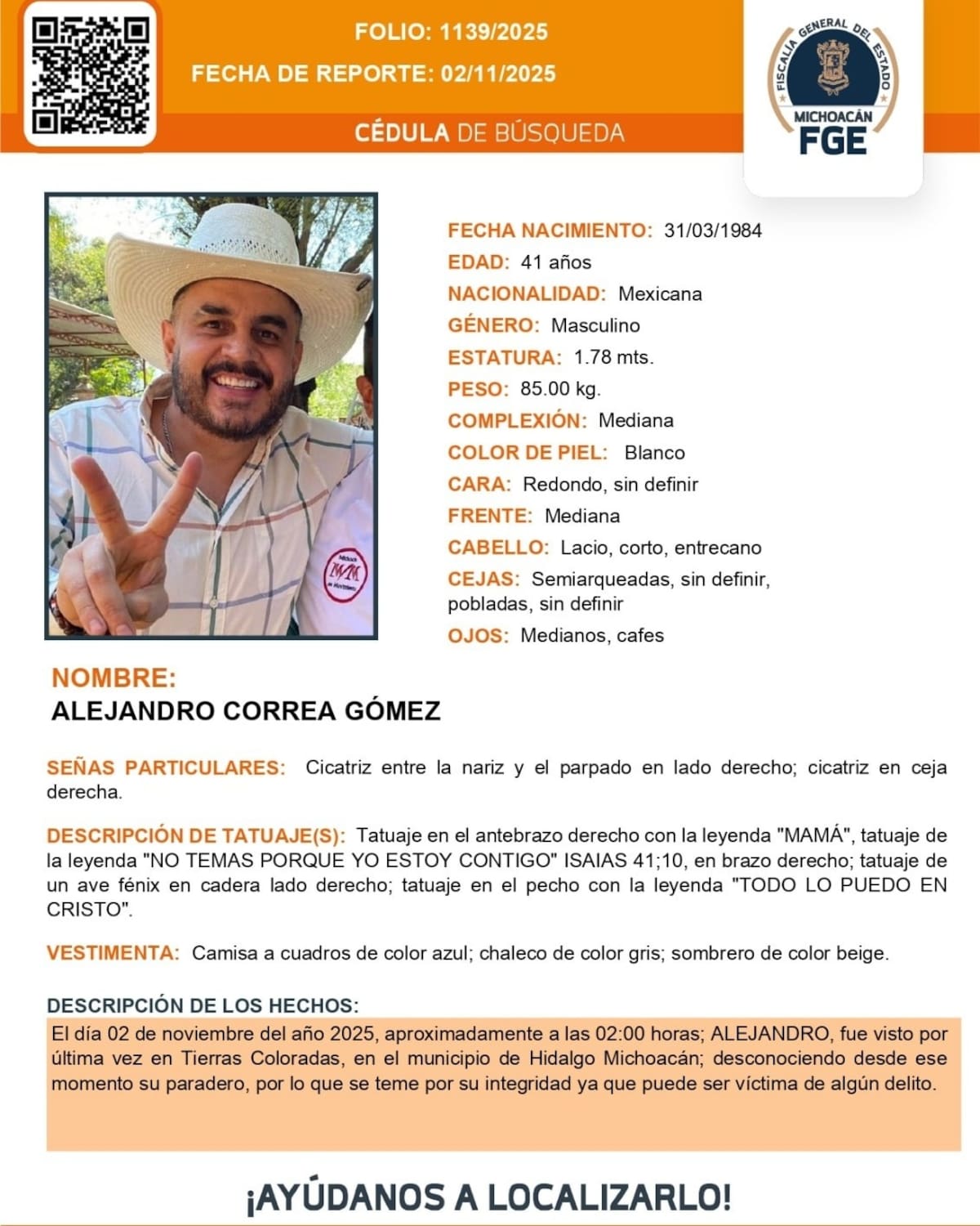 Fiscalía de Michoacán busca a Alejandro Correa, exalcalde desaparecido desde el 2 de noviembre. | Crédito: FGE