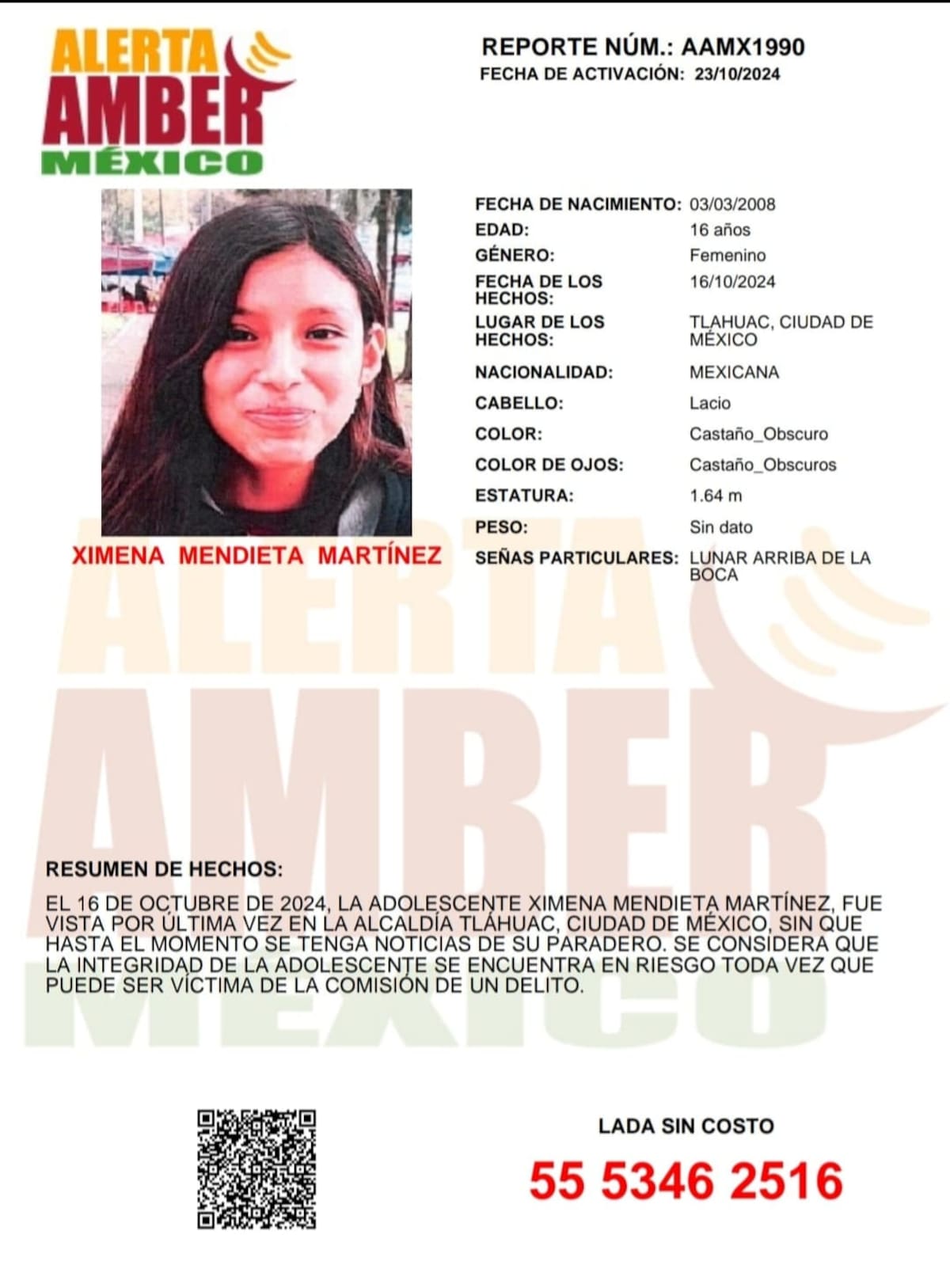 Ximena Mendieta Martínez fue vista por última vez el 16 de octubre del 2024.