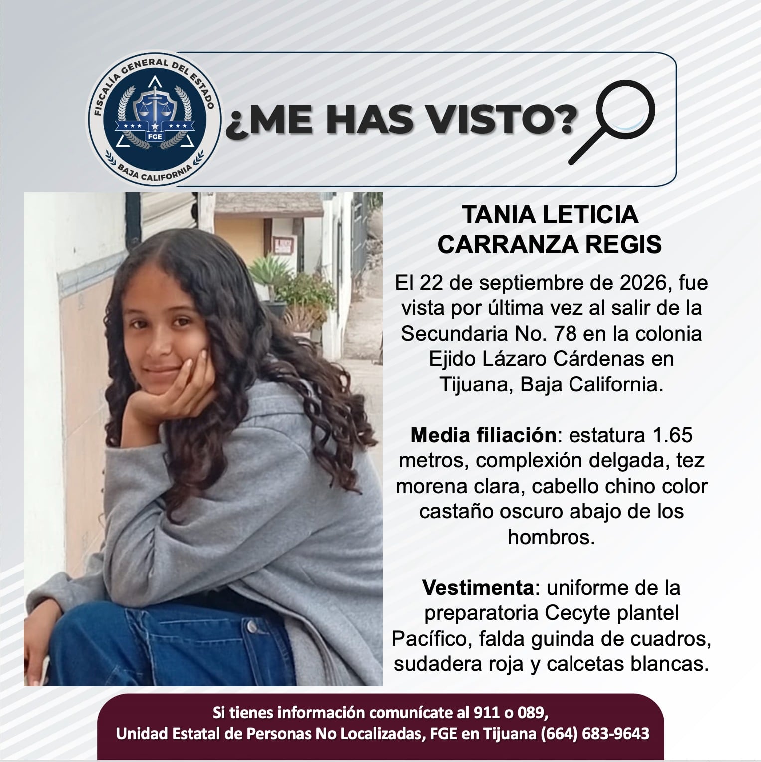 Tania Leticia Carranza Regis fue vista por última vez el 22 de septiembre al salir de la Secundaria No. 78, en Tijuana. Foto: Cortesía