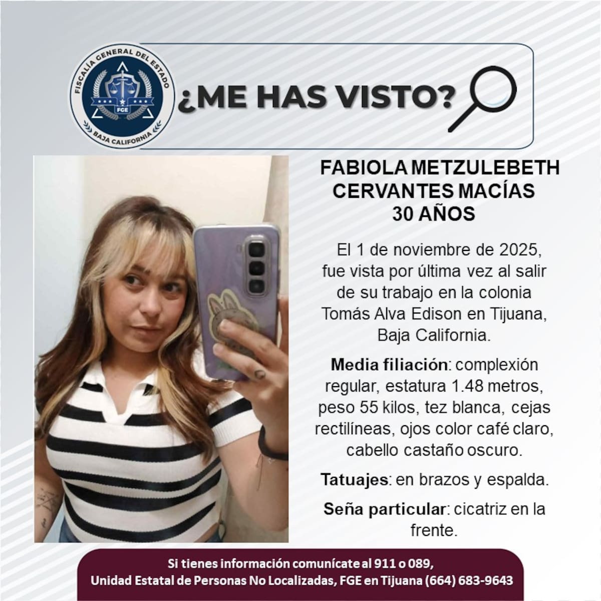 Fue vista por última vez el 1 de noviembre de 2025.