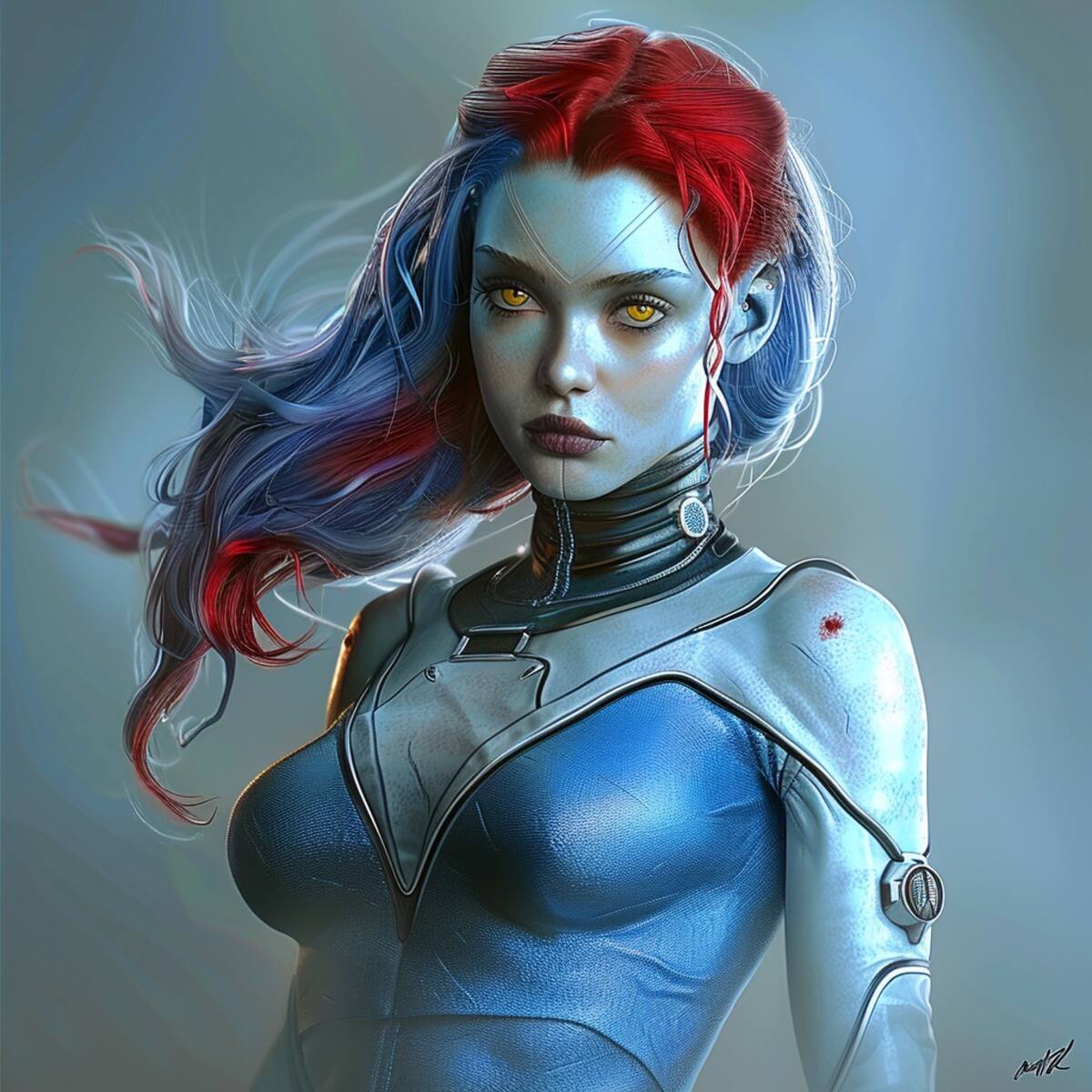 Midjourney imagina a Mystique con un atractivo visual que respeta sus rasgos originales.