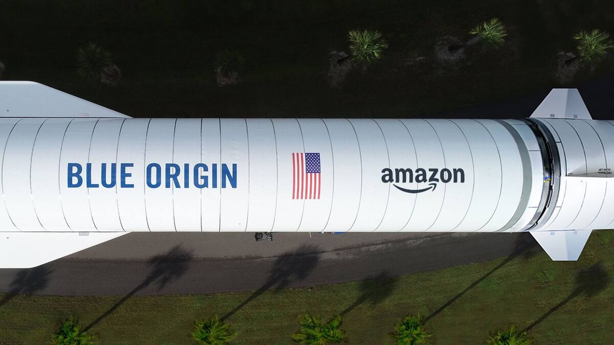 El cohete New Glenn de Blue Origin, uno de los tres proveedores de lanzamiento de carga pesada seleccionados por Amazon para el Proyecto Kuiper. Foto: AP