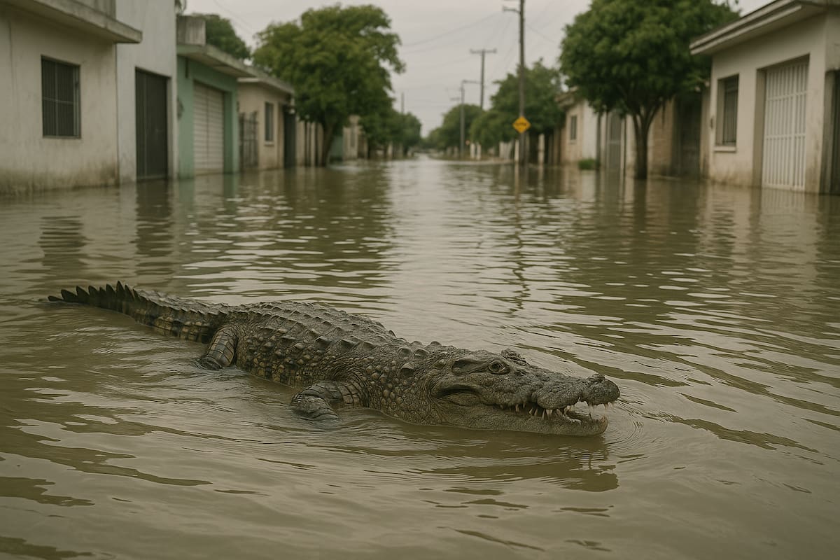 Aparecen cocodrilos en calles inundadas de Tamaulipas tras el paso del huracán “Erick”