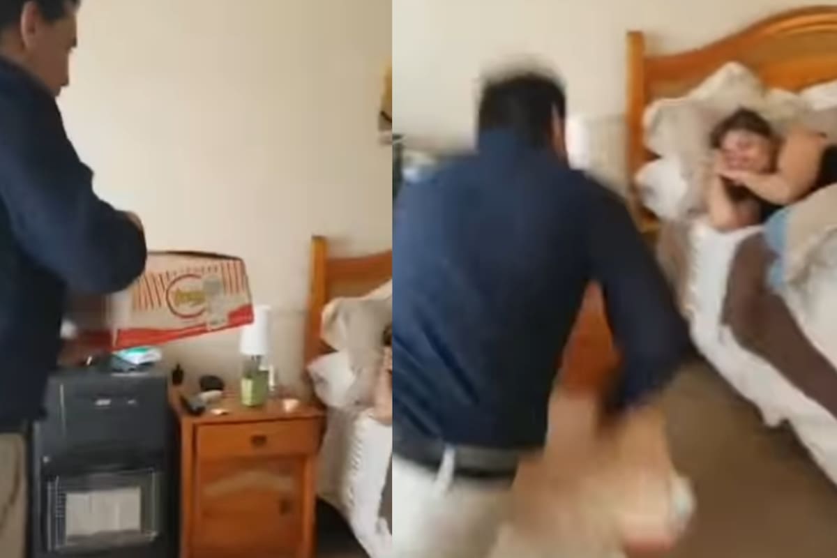 Hombre intenta sorprender a su esposa en su cumpleaños con un detalle en la cama, pero termina en el suelo y se hace viral