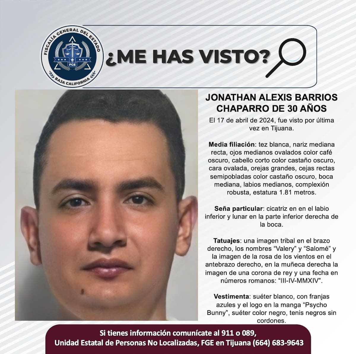 Jonathan Alexis Barrios Chaparro fue visto por última vez el 17 de abril de 2024.