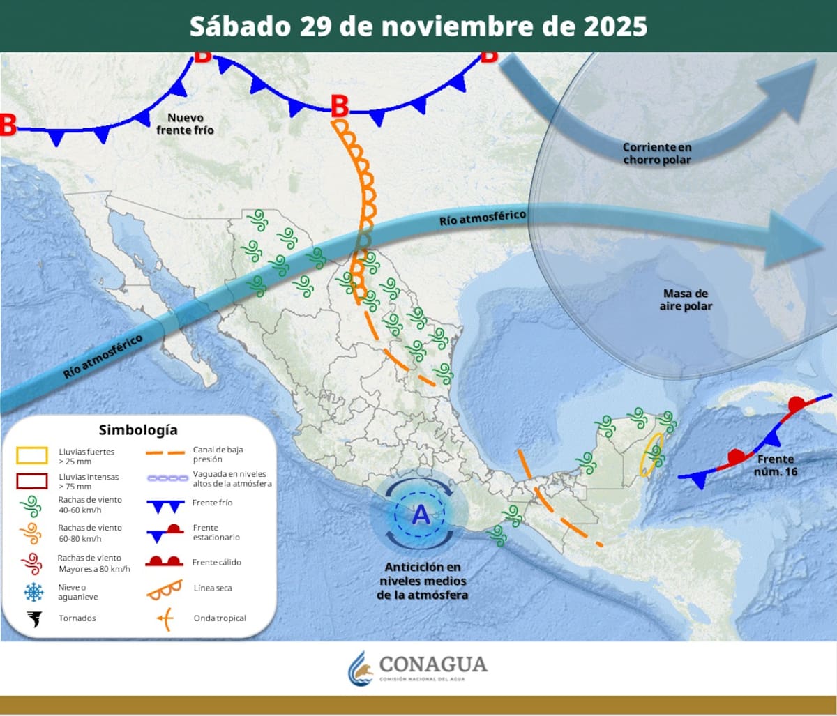 Pronóstico del clima para el sábado 29 de noviembre del 2025. | Crédito: SMN
