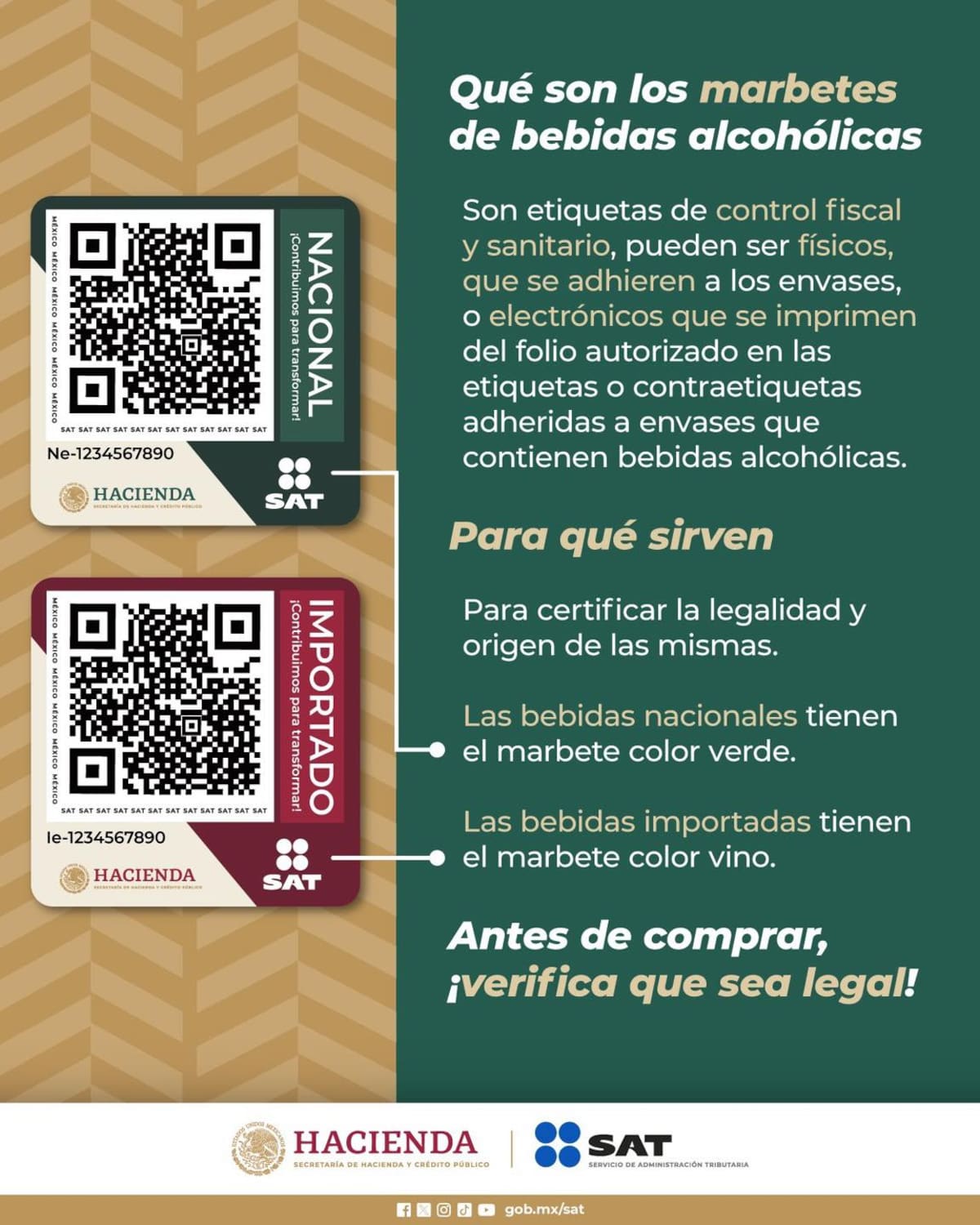 Así son los marbetes que el SAT exige que cuente toda botella de alcohol que se venda en México.