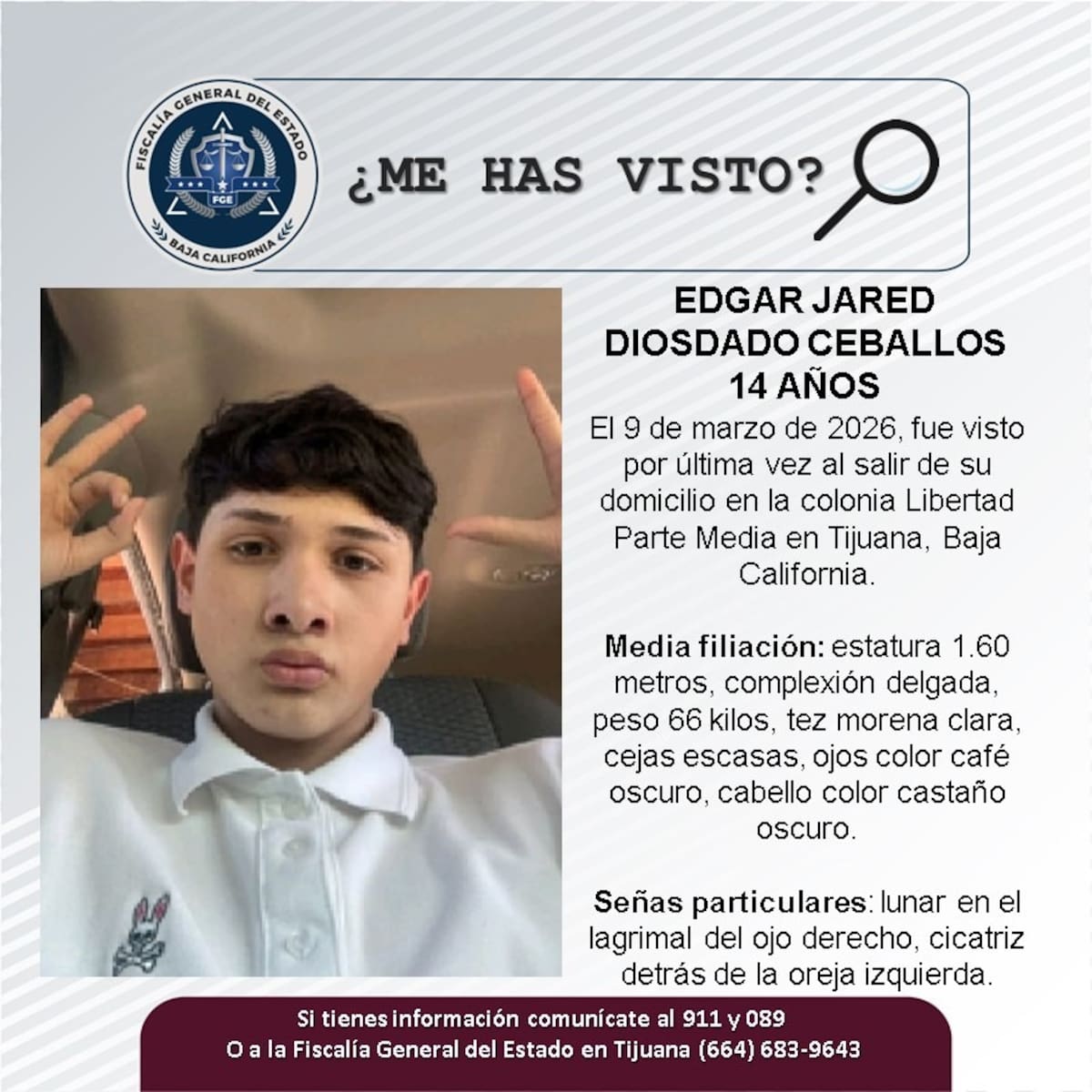 Fue visto por última vez el 9 de marzo de 2026.