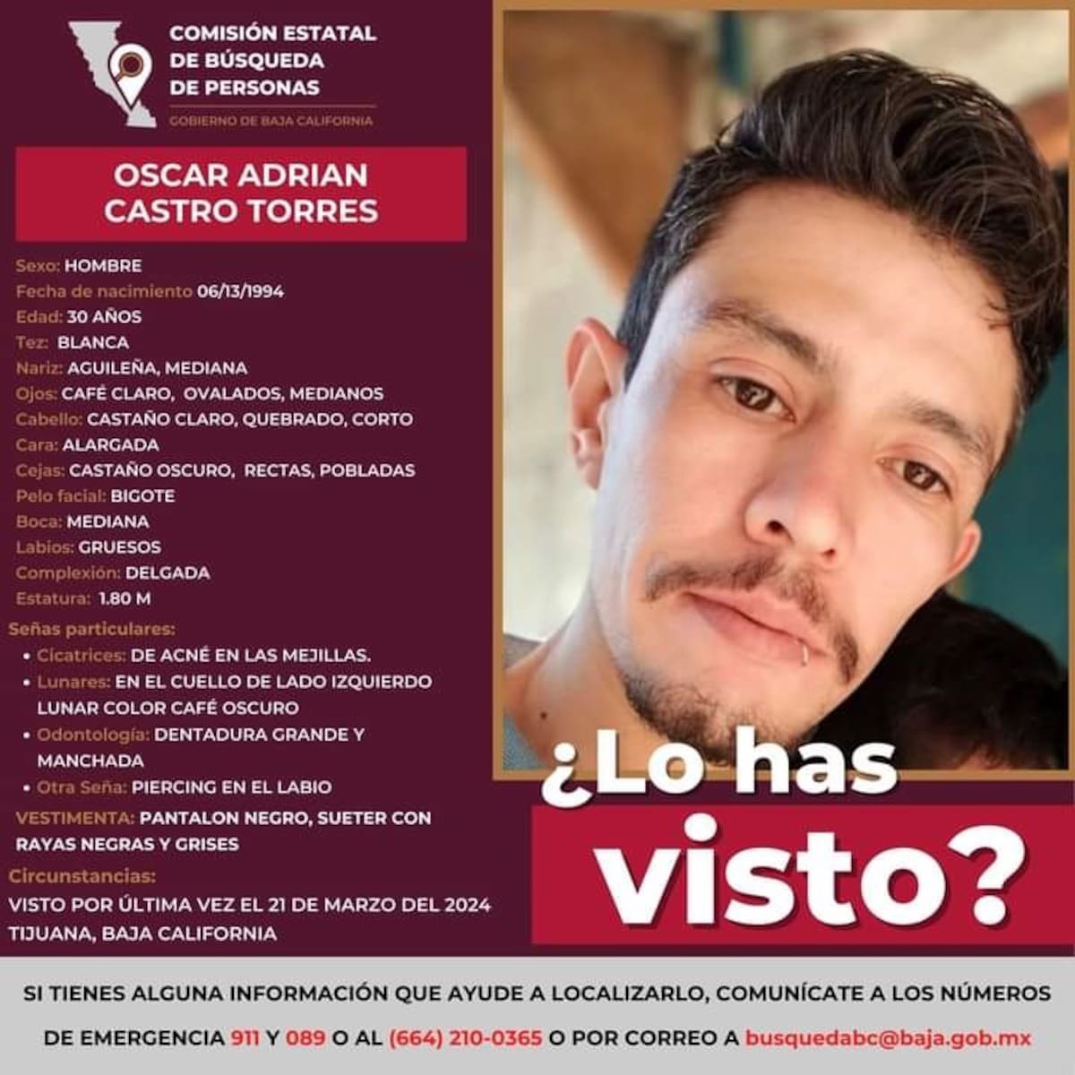 Óscar Adrián Castro Torres está desaparecido desde el 21 de marzo.