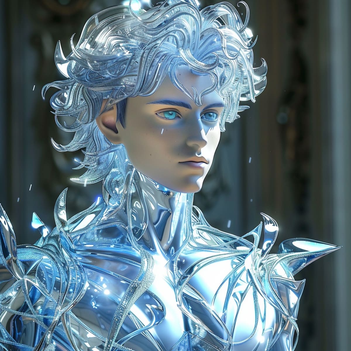 El Caballero de Cristal emerge con majestuosidad, su armadura de cristal resplandece en la visión de la IA.