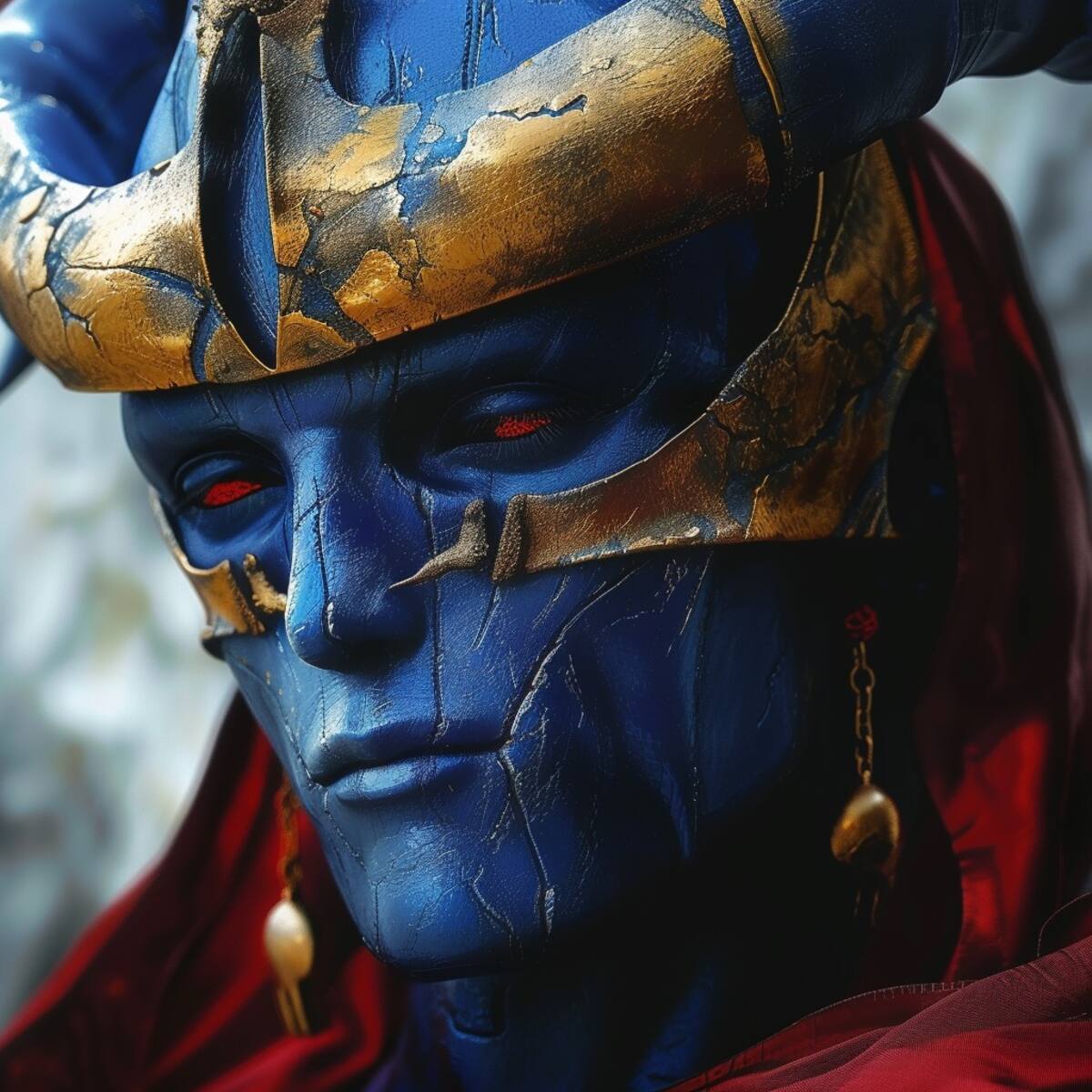 La IA da vida a Arles con una piel azul y una corona roja, revelando su imponente presencia en el universo de los Caballeros del Zodiaco.