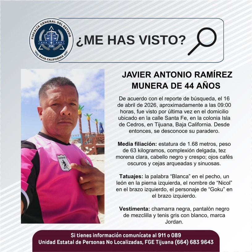 Fue visto por última vez el 16 de abril de 2026.