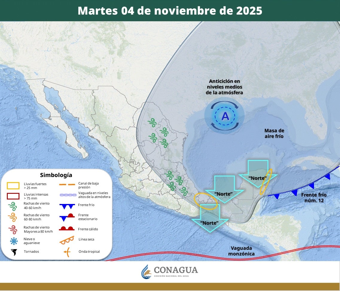 Pronóstico del clima para el martes 4 de noviembre del 2025. Crédito: SMN