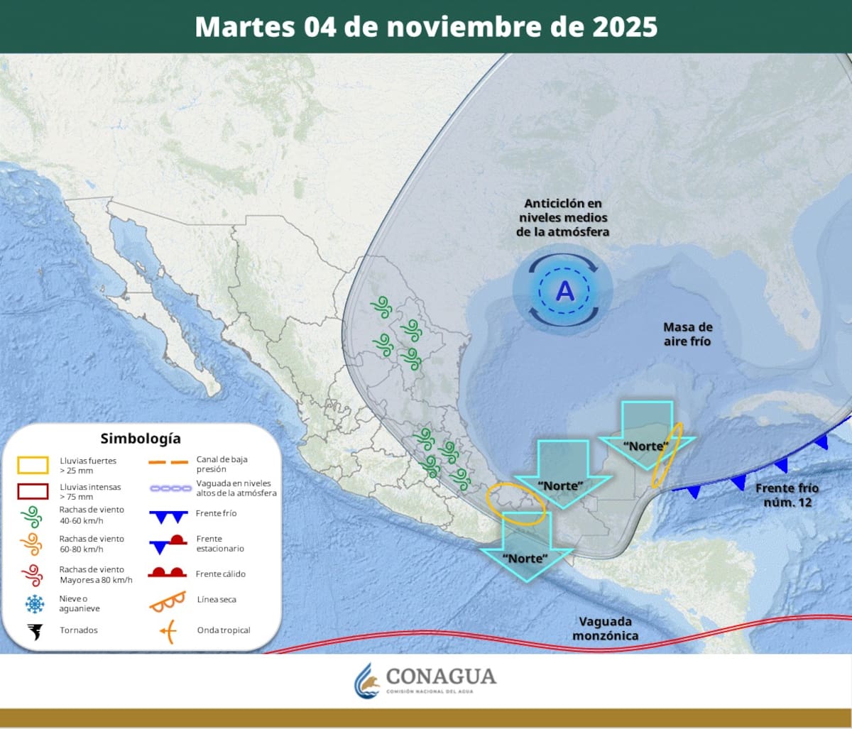 Pronóstico del clima para el martes 4 de noviembre del 2025. Crédito: SMN