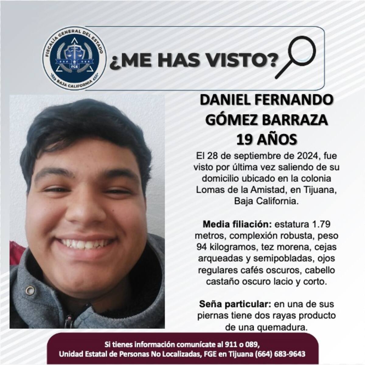 Daniel Fernando Gómez Barraza fue visto por última vez el 28 de septiembre de 2024.