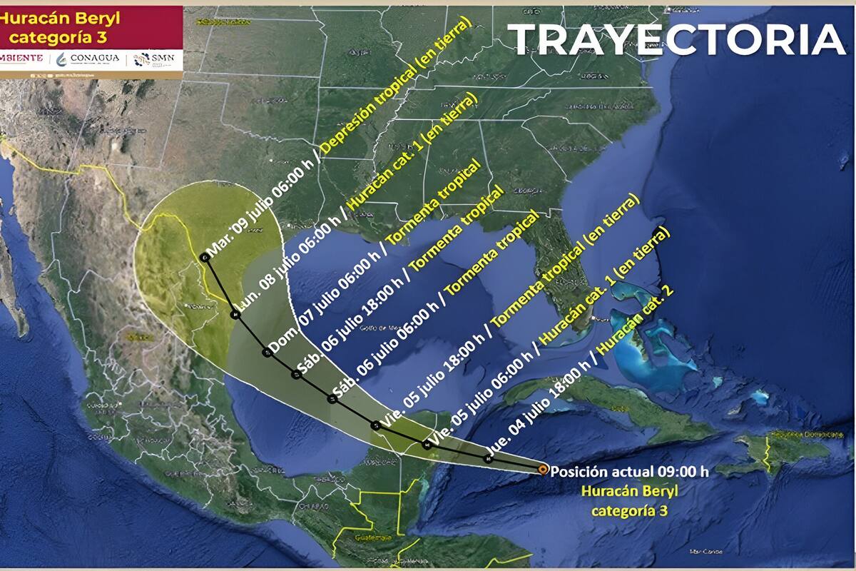 Huracán Beryl pierde fuerza rumbo a México, ya es categoría 2