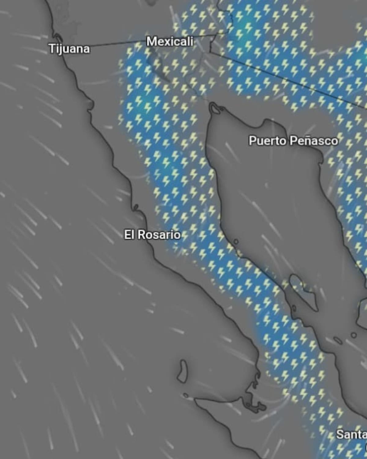 El pronóstico contempla lluvias, tormentas eléctricas y rachas de viento de hasta 60 kilómetros por hora en distintos puntos de Baja California. Foto: Cortesía