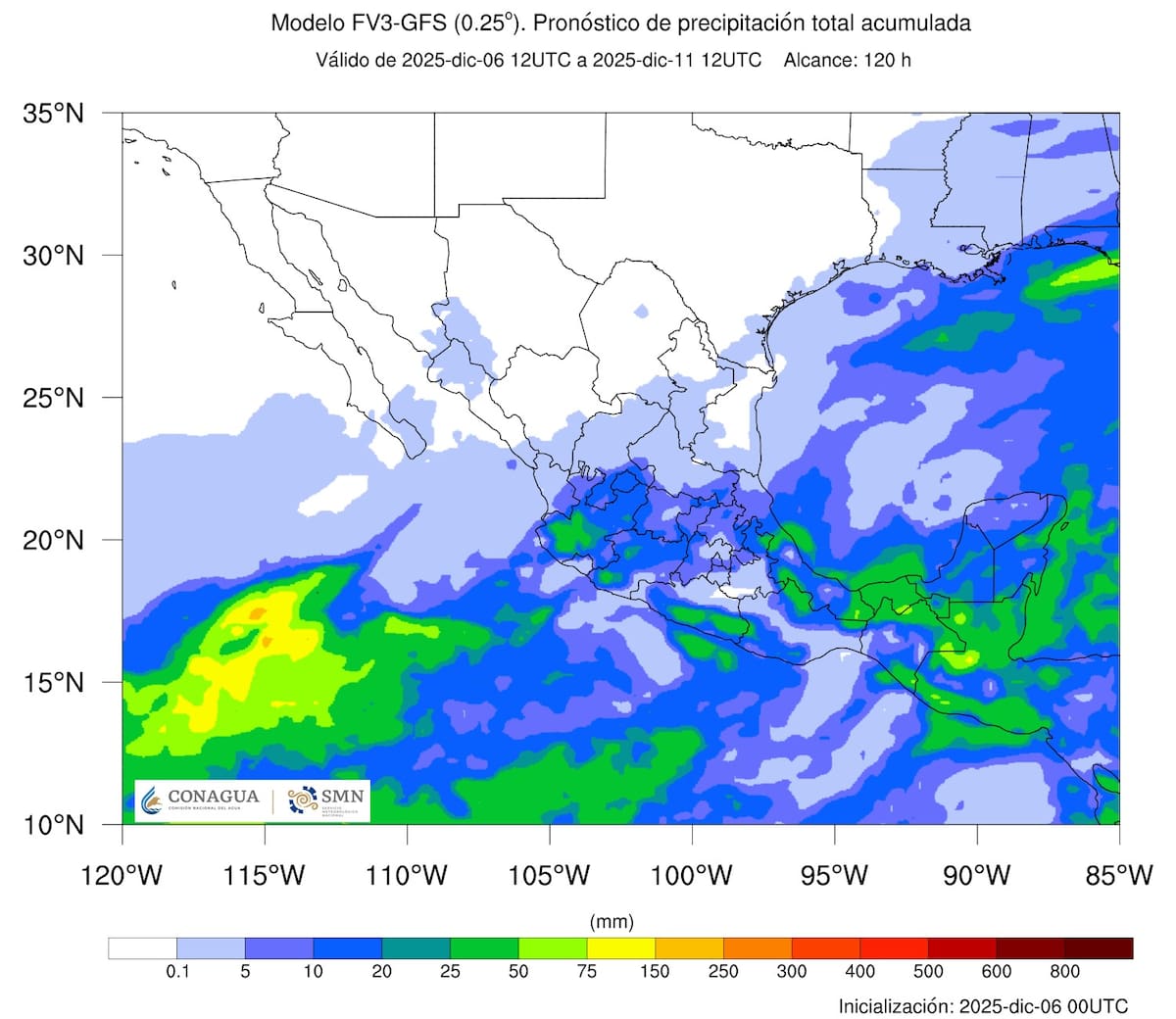 Pronóstico de acumulado total de precipitación en 5 días. Imagen: SMN