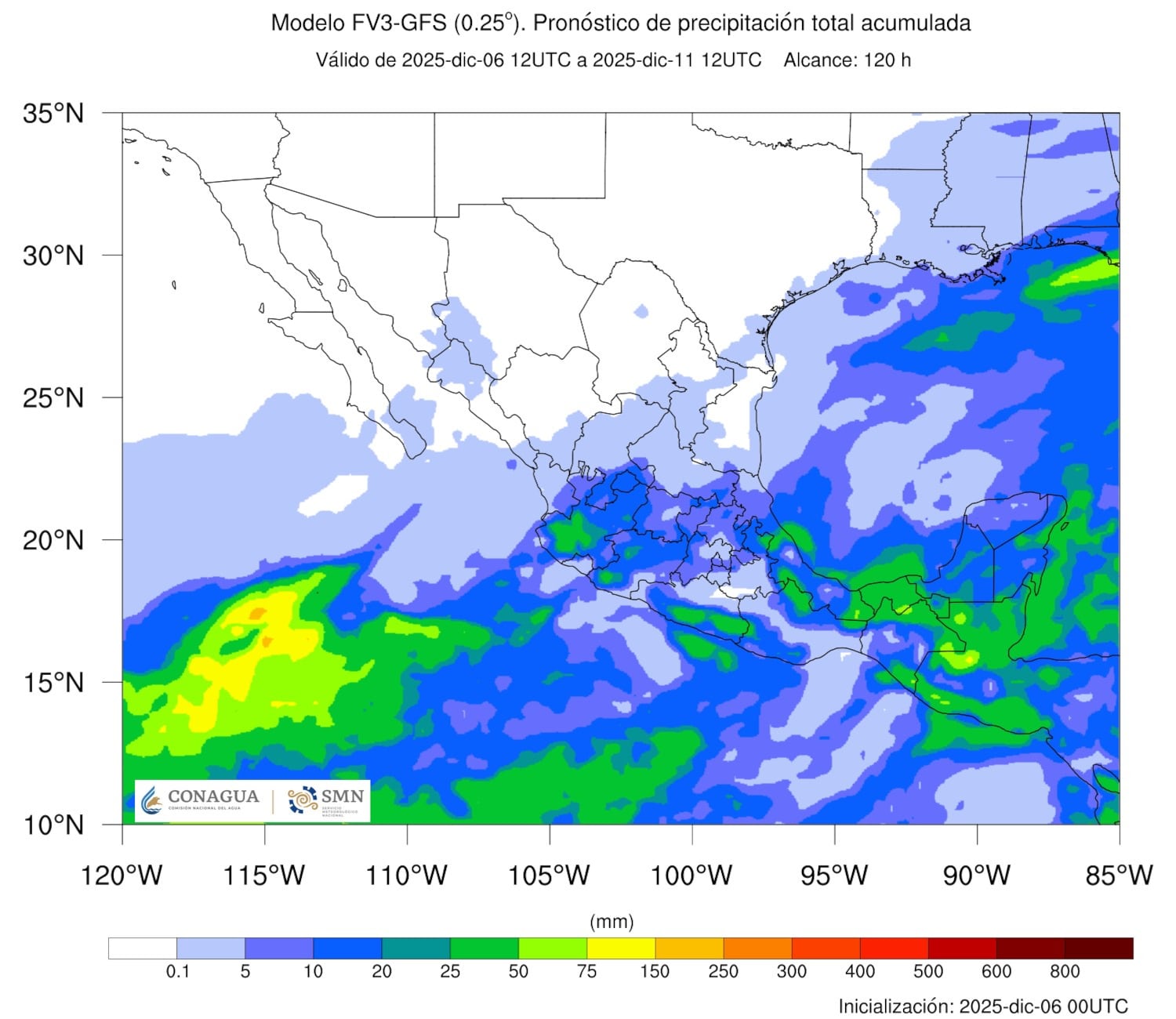 Pronóstico de acumulado total de precipitación en 5 días. Imagen: SMN