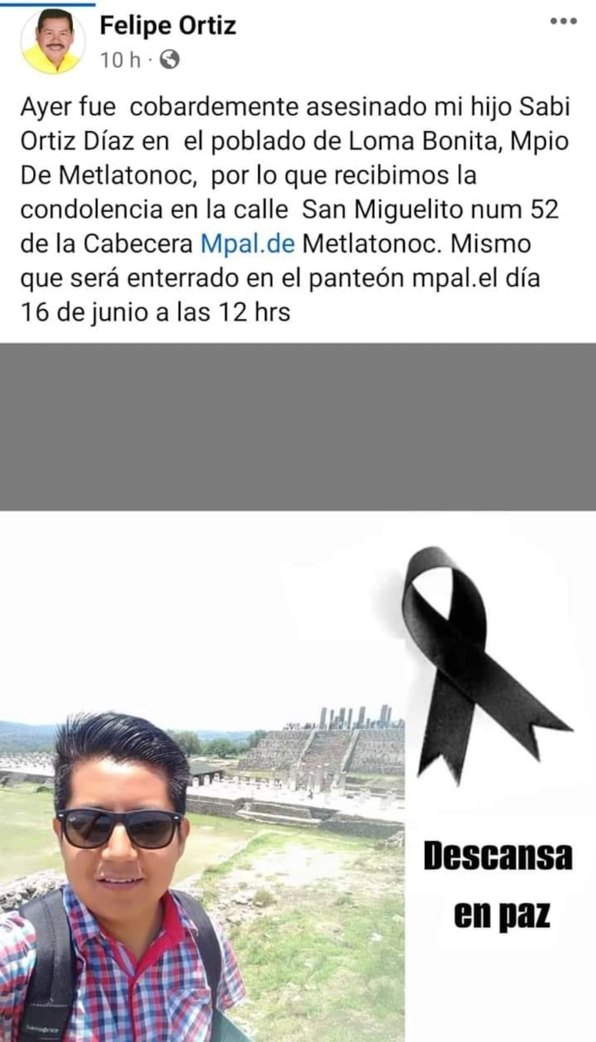 Felipe Ortiz Montealegre, padre de la víctima escribió en su cuenta de Facebook, “Ayer fue cobardemente asesinado mi hijo Sabi Ortiz Díaz.”