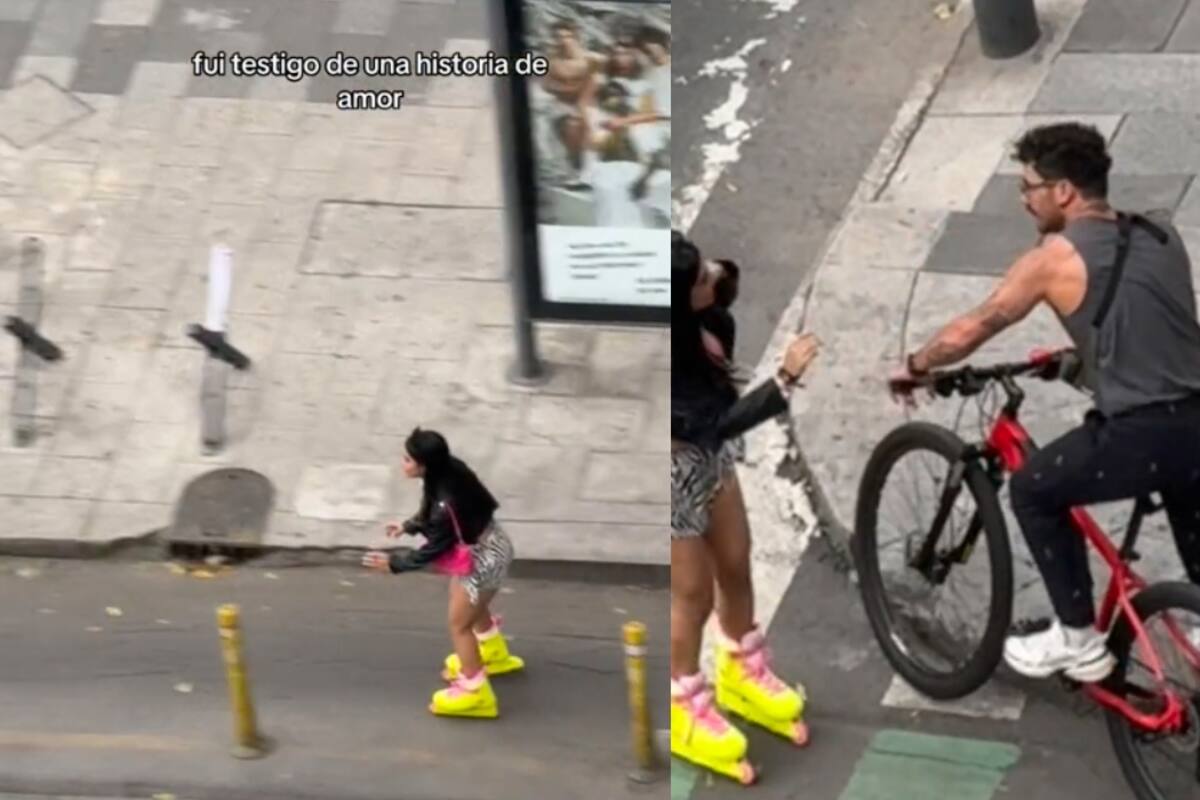 Mujer en patines no logra detenerse y casi se accidenta, pero un joven la atrapa antes de que choque con los autos