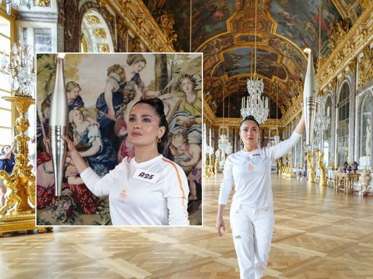 Salma Hayek participa en el relevo de la antorcha olímpica de París 2024