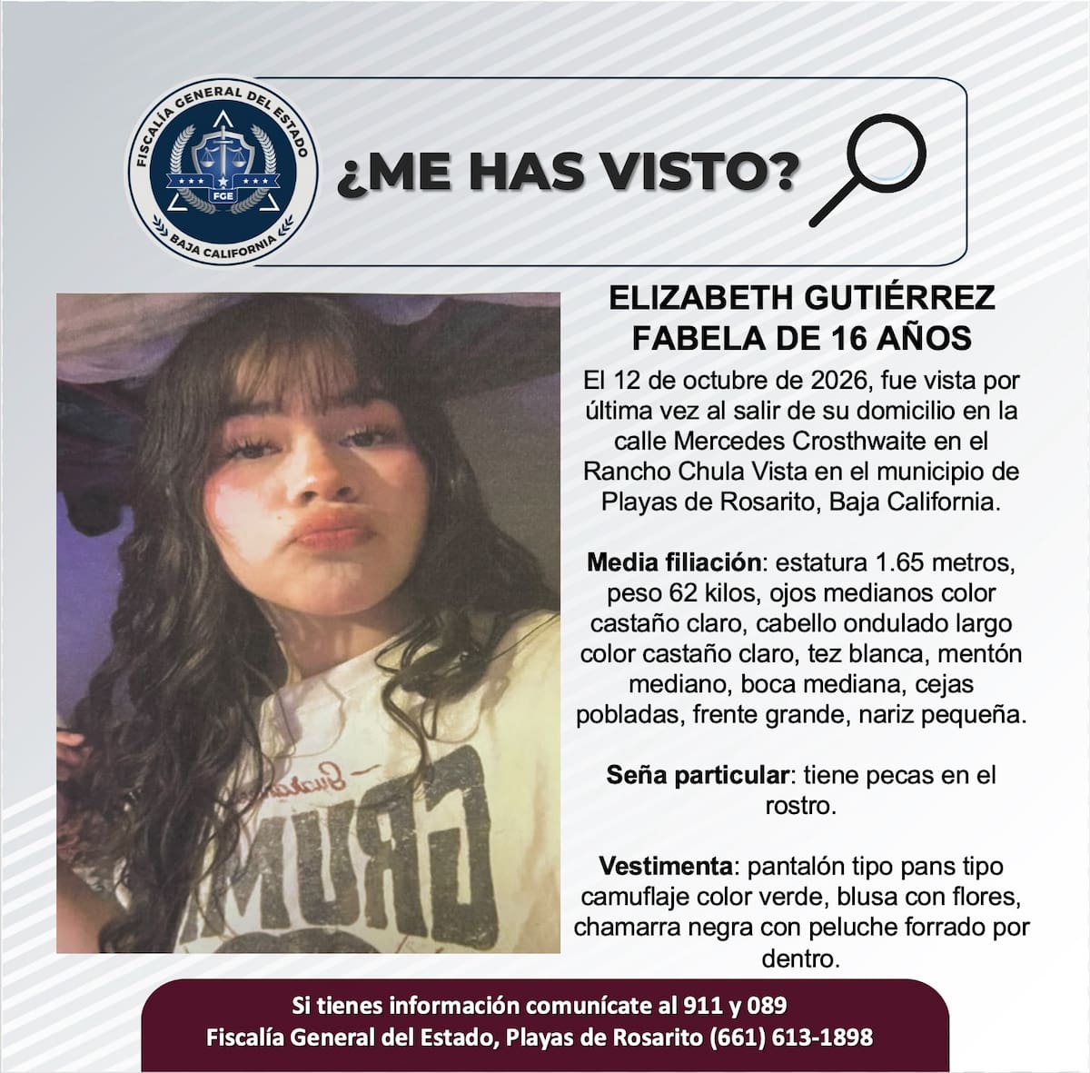 Elizabeth Gutiérrez Fabela fue vista por última vez el 12 de octubre, al salir de su domicilio en el rancho Chula Vista, en Playas de Rosarito. Foto: Cortesía