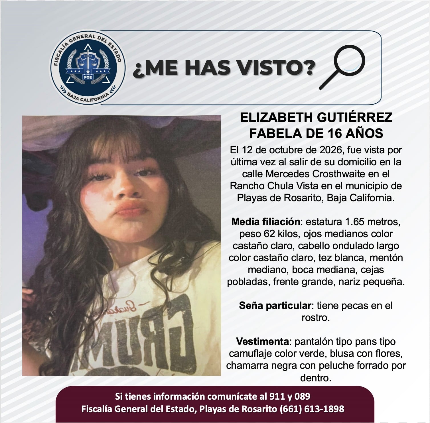 Elizabeth Gutiérrez Fabela fue vista por última vez el 12 de octubre, al salir de su domicilio en el rancho Chula Vista, en Playas de Rosarito. Foto: Cortesía