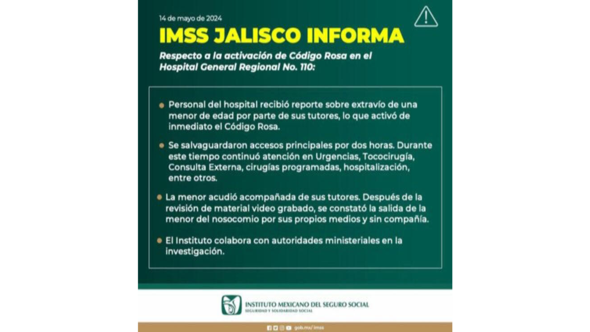 IMSS Jalisco activó el Código Rojo luego de que el abuelo no supiera de la niña que lo acompañaba tras ir al baño.
