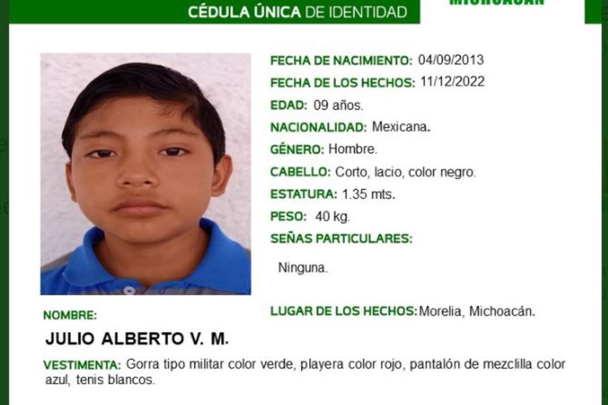 Alerta Amber: Buscan en Michoacán al niño Julio Alberto
