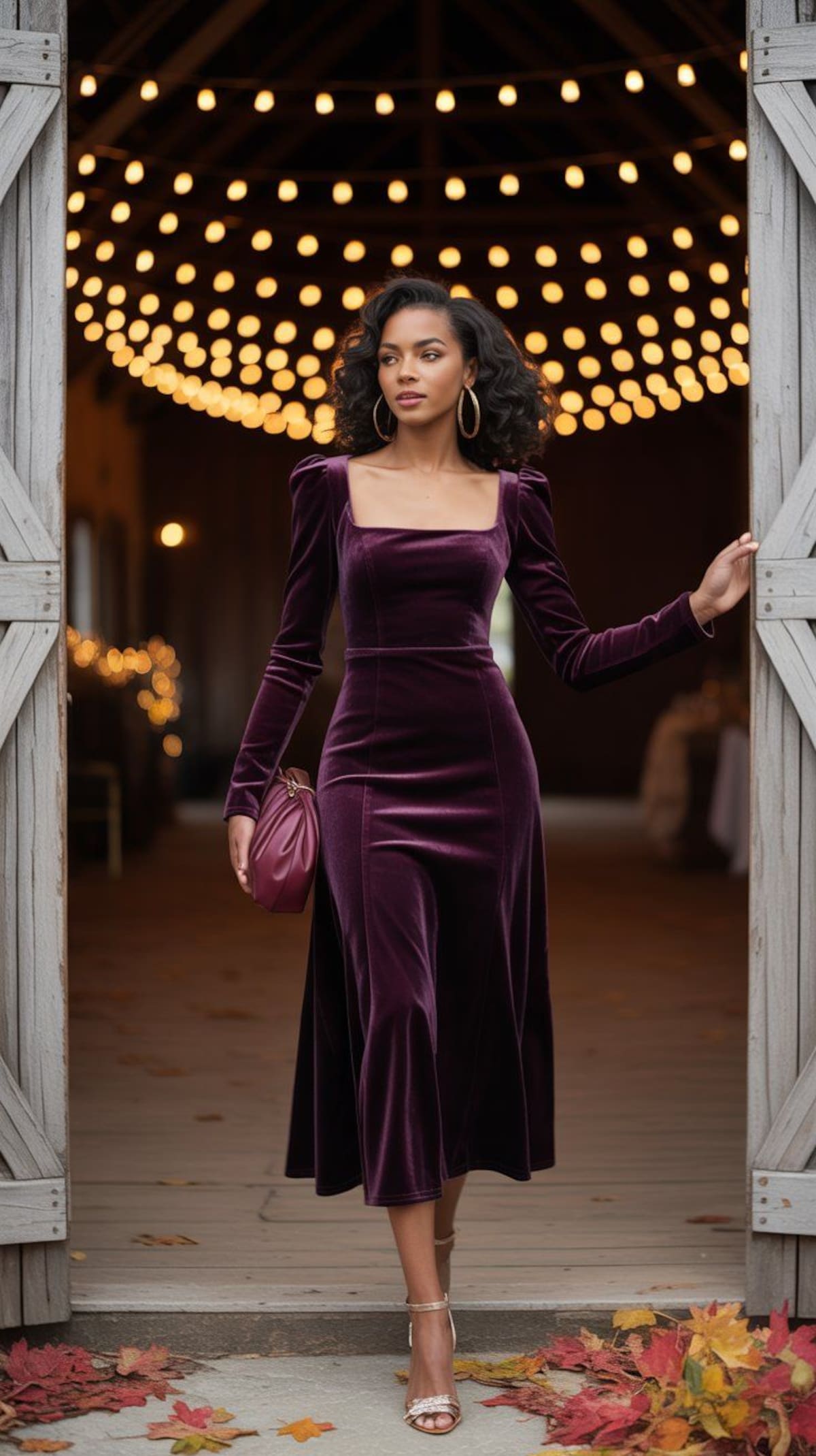 Vestido de terciopelo midi en tonos profundos, una opción elegante y cómoda para la cena de fin de año, ideal para mantener el estilo sin sacrificar abrigo ni libertad de movimiento.