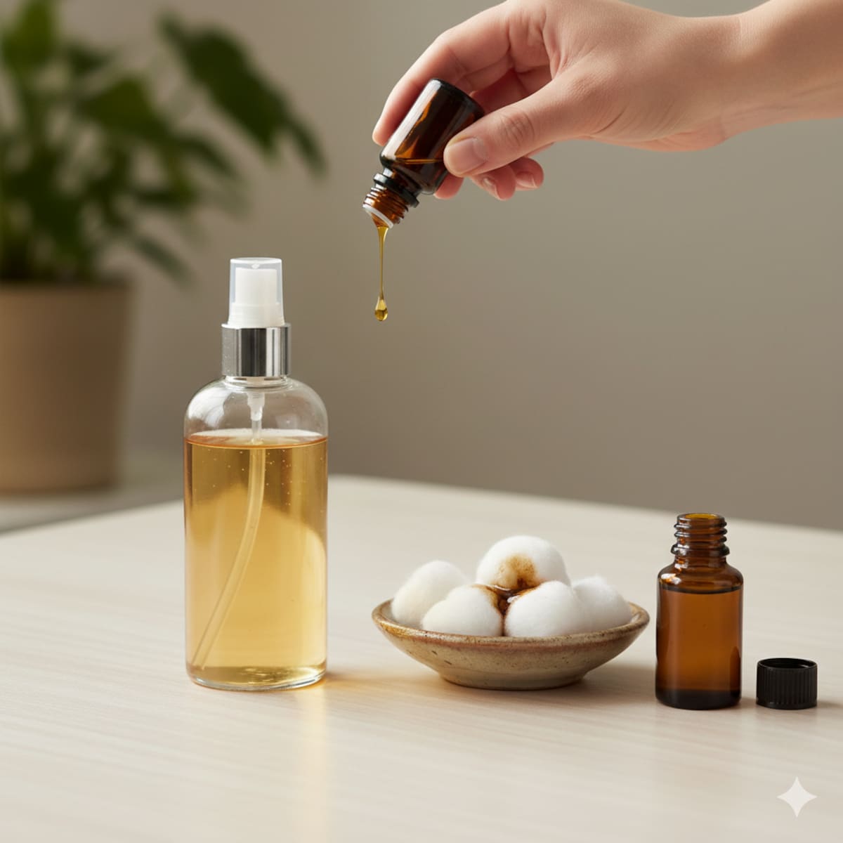 Una composición que muestre las alternativas al "simmer pot". En un lado, un atomizador elegante y transparente con líquido dentro (representando el spray casero) y algunas gotas de aceite esencial cayendo en él. Al lado, un pequeño recipiente o un plato con bolas de algodón, algunas de ellas con una gota visible de aceite esencial, y quizás un frasco pequeño de aceite esencial. El fondo debe ser minimalista y limpio, resaltando los objetos.