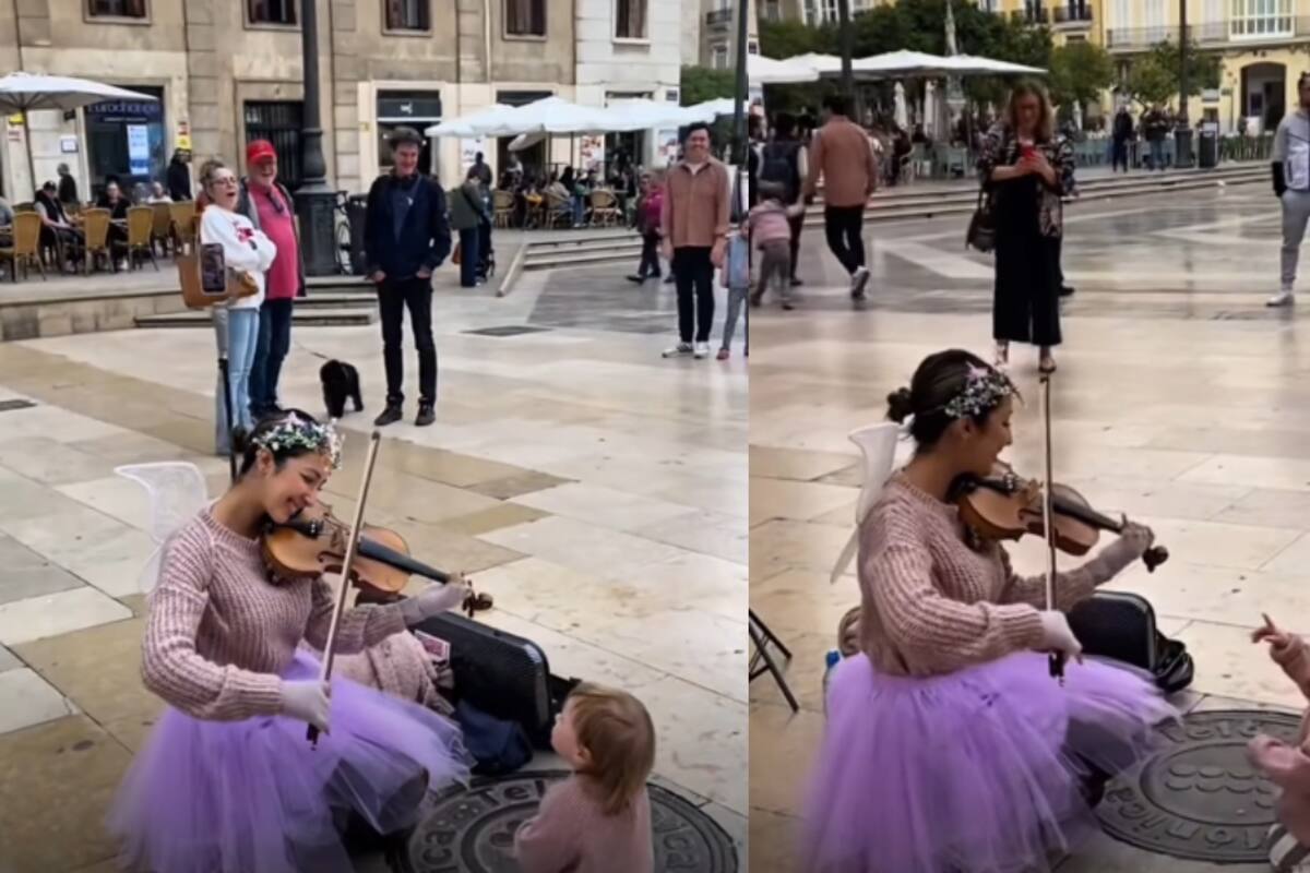 Conmovedor: bebé cree que violinista callejera es un hada y se queda maravillado al verla tocar