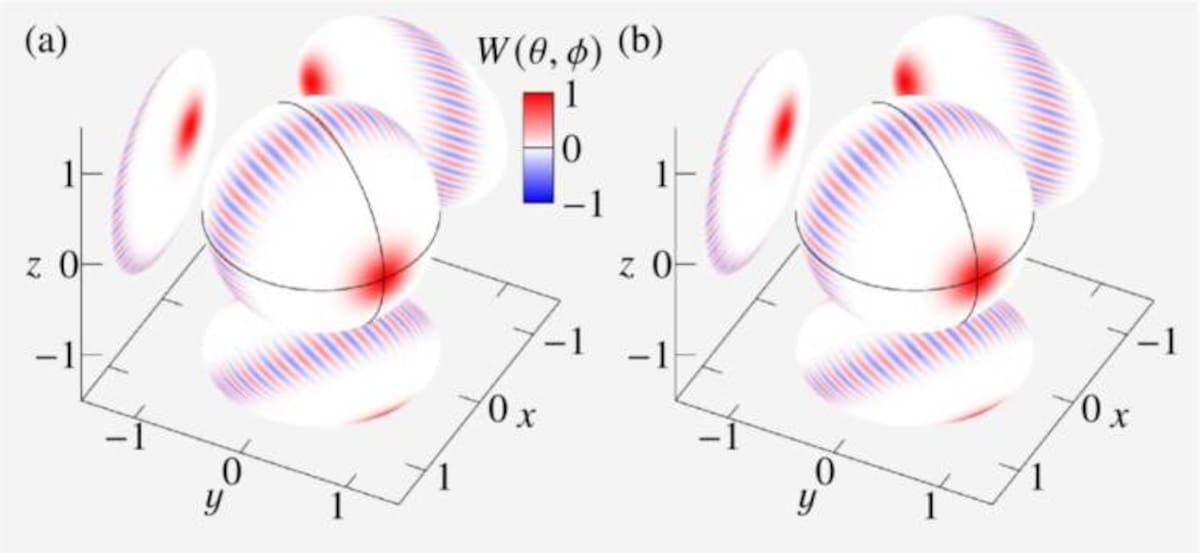 Gráficas de funciones de Wigner que muestran cómo la luz en estado de gato induce superposiciones electrónicas a gran escala en sólidos. Fuente: arXiv
