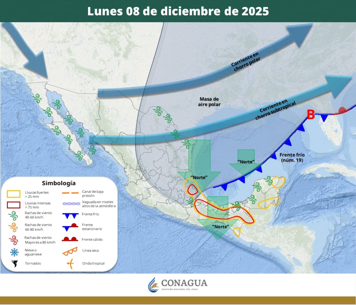 Pronóstico del clima para este lunes 8 de diciembre del 2025. | Crédito: SMN
