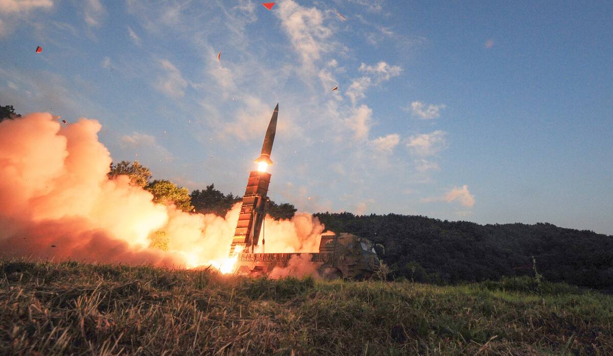 In this photo provided by South Korea Defense Ministry, South Korea's Hyunmoo II ballistic missile is fired during an exercise at an undisclosed location in South Korea, Monday, Sept. 4, 2017. In South Korea, the nation's military said it conducted a live-fire exercise simulating an attack on North Korea's nuclear test site to "strongly warn" Pyongyang over the latest nuclear test. Seoul's Joint Chiefs of Staff said the drill involved F-15 fighter jets and the country's land-based "Hyunmoo" ballistic missiles. The released live weapons "accurately struck" a target in the sea off the country's eastern coast, the JCS said. (South Korea Defense Ministry via AP)