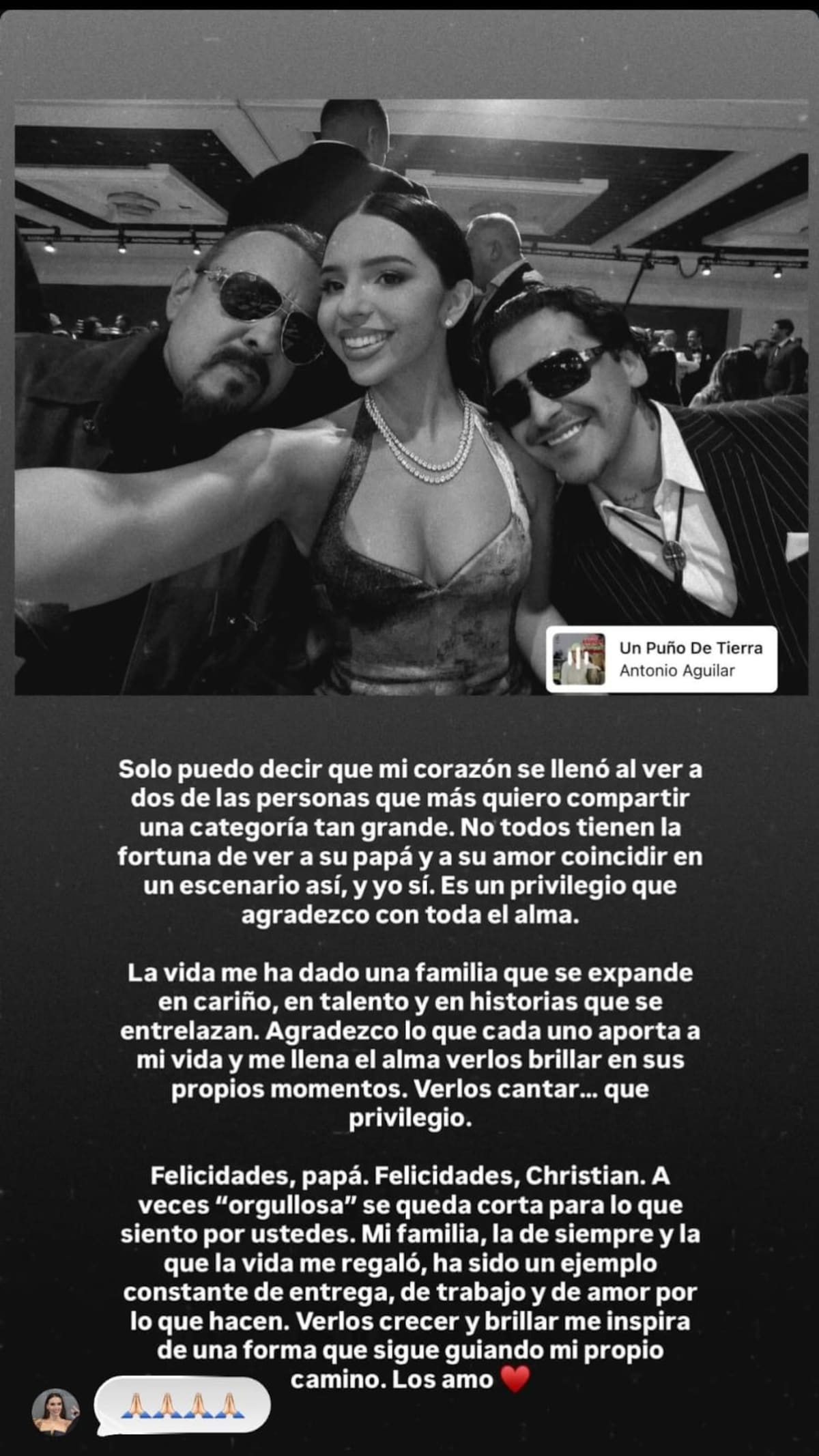 Ángela Aguilar presume a su padre y esposo en una historia a través de Instagram.