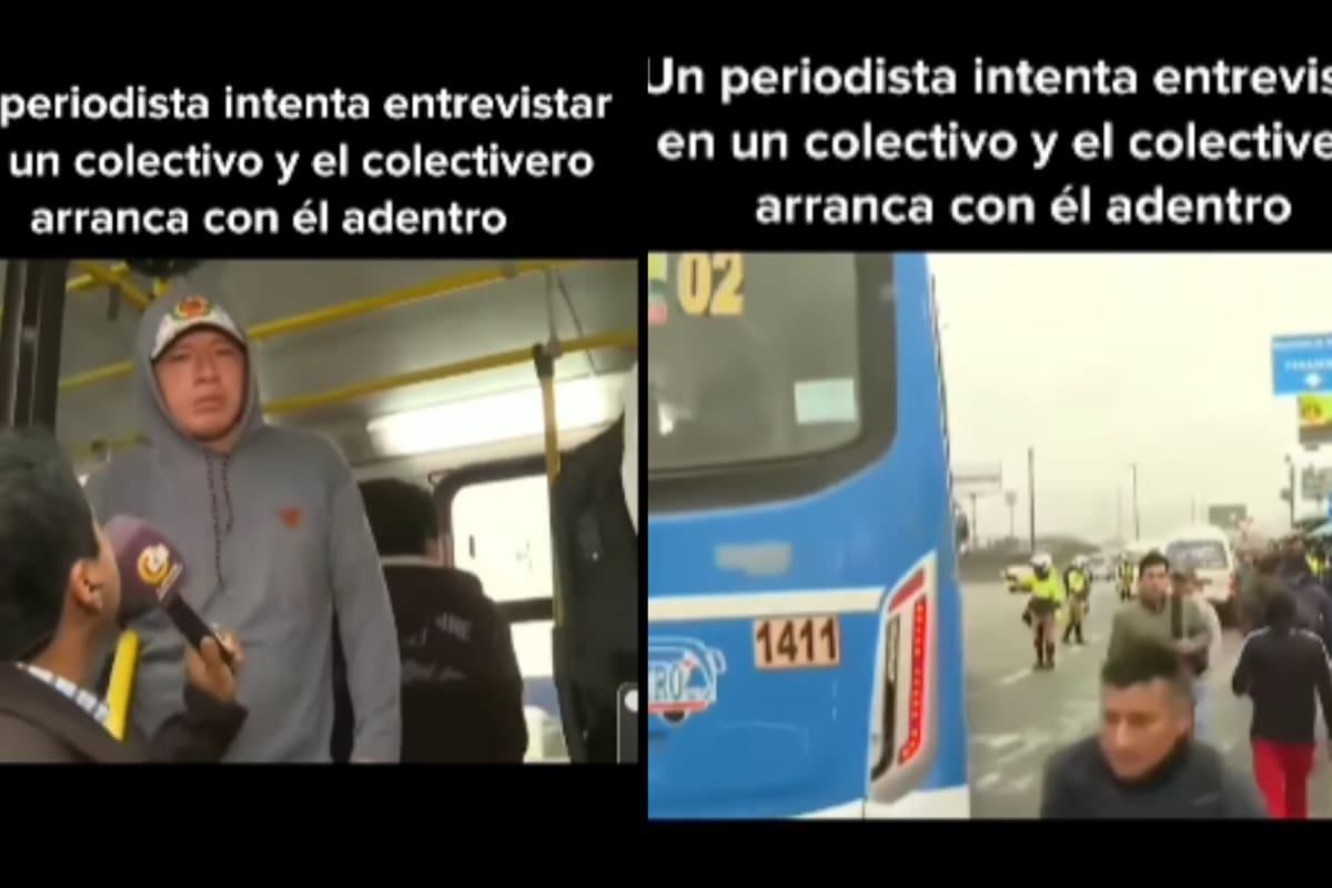 Periodista se sube a la entrada del camión para entrevistar a un pasajero, pero este arranca con él adentro