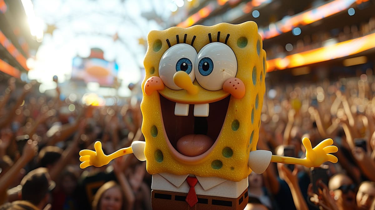 Bob Esponja se viste con su traje característico y corbata para la ocasión especial del Super Bowl.