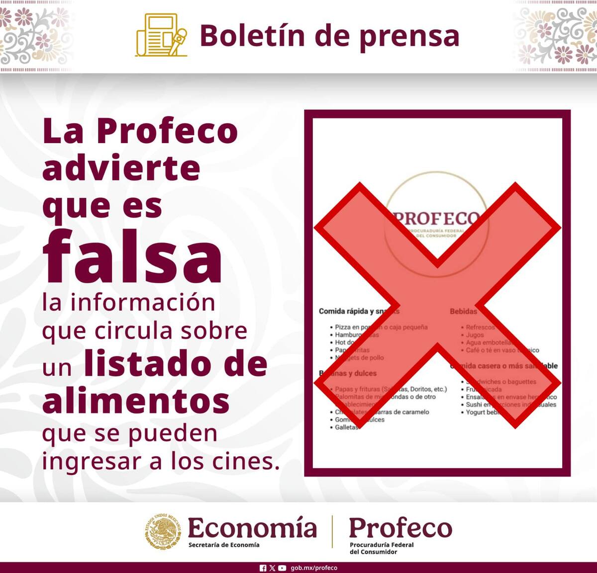 La PROFECO advierte que es falsa la información que circula en redes sobre la lista de alimentos que se puede ingresar a los cines.