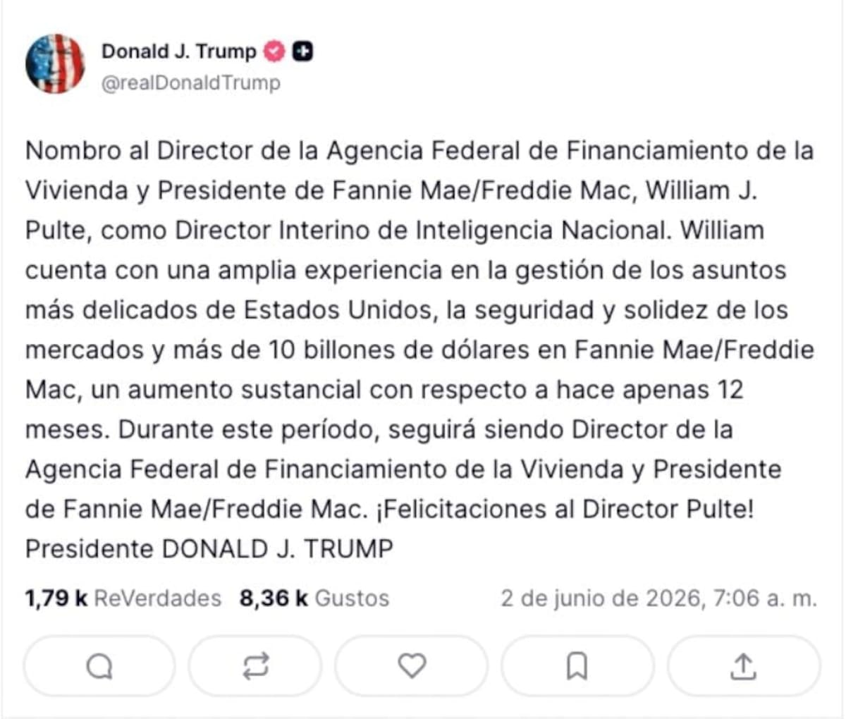 La decisión de Trump que genera debate: nombra a Bill Pulte al frente de Inteligencia Nacional