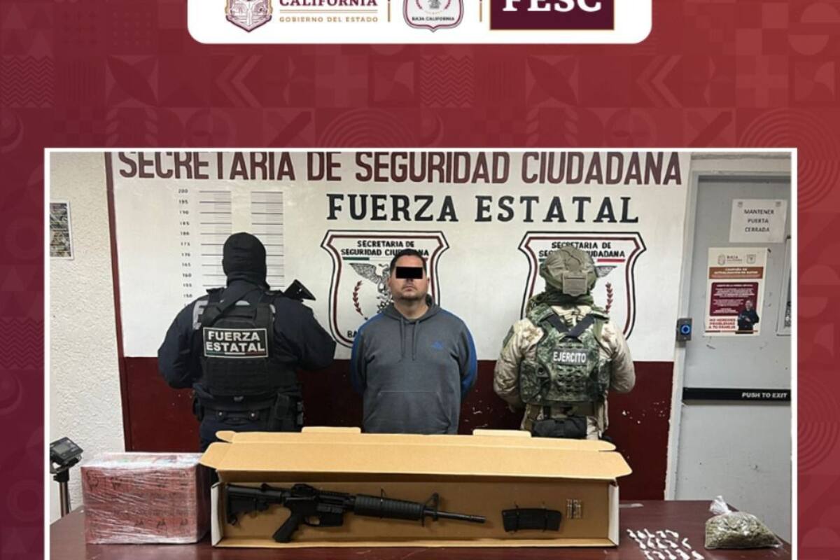 Incautan FESC Y DEFENSA arma larga y drogas en el Valle de Mexicali; hay un hombre detenido