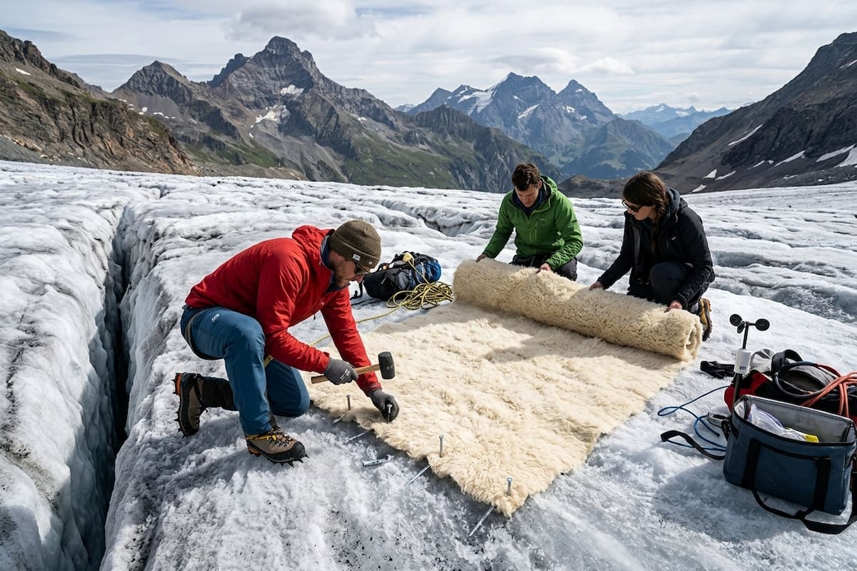 Estudiantes Suizos utilizan lana de oveja para cubrir un glaciar y descubren que el material biodegradable puede proteger el hielo tanto como las lonas sintéticas durante el verano