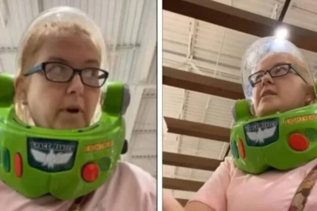 Señora con casco de Buzz Lightyear en el súper, se vuelve viral