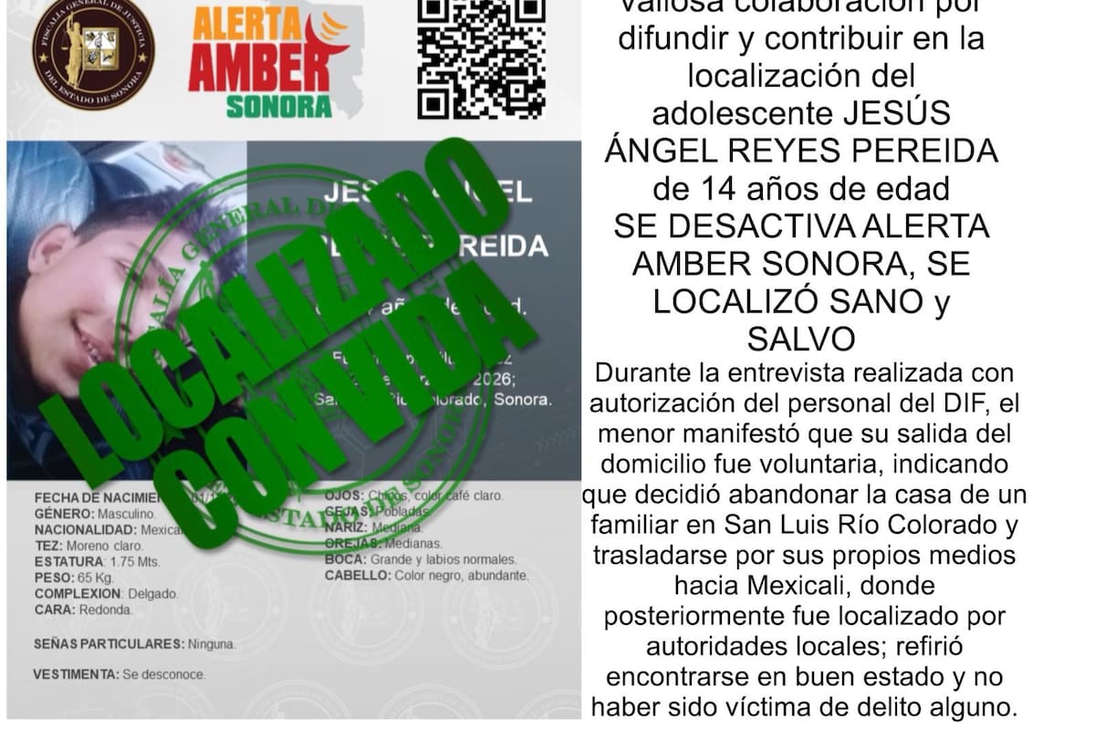Adolescente con Alerta Amber en Sonora aparece en Mexicali; salió por decisión propia