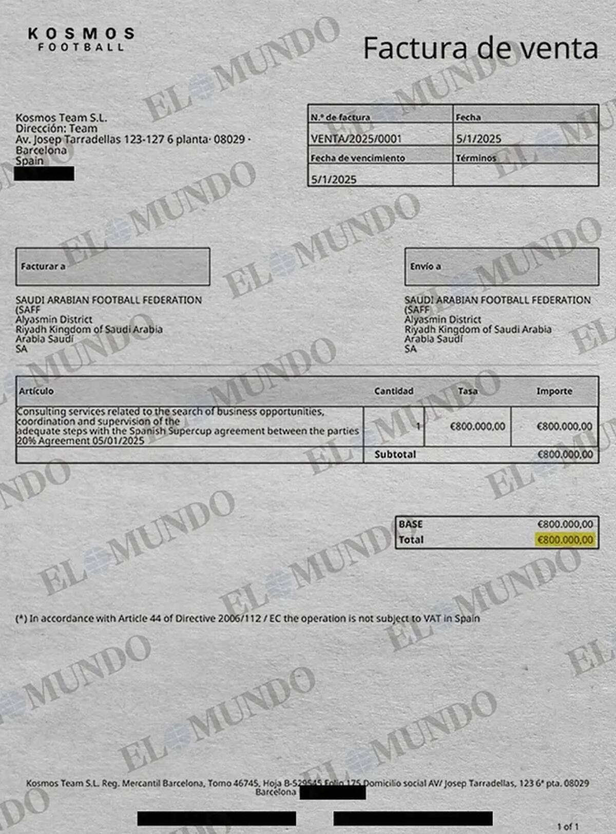 Factura por 800 mil euros, emitida por Kosmos Team. (Foto: El Mundo)