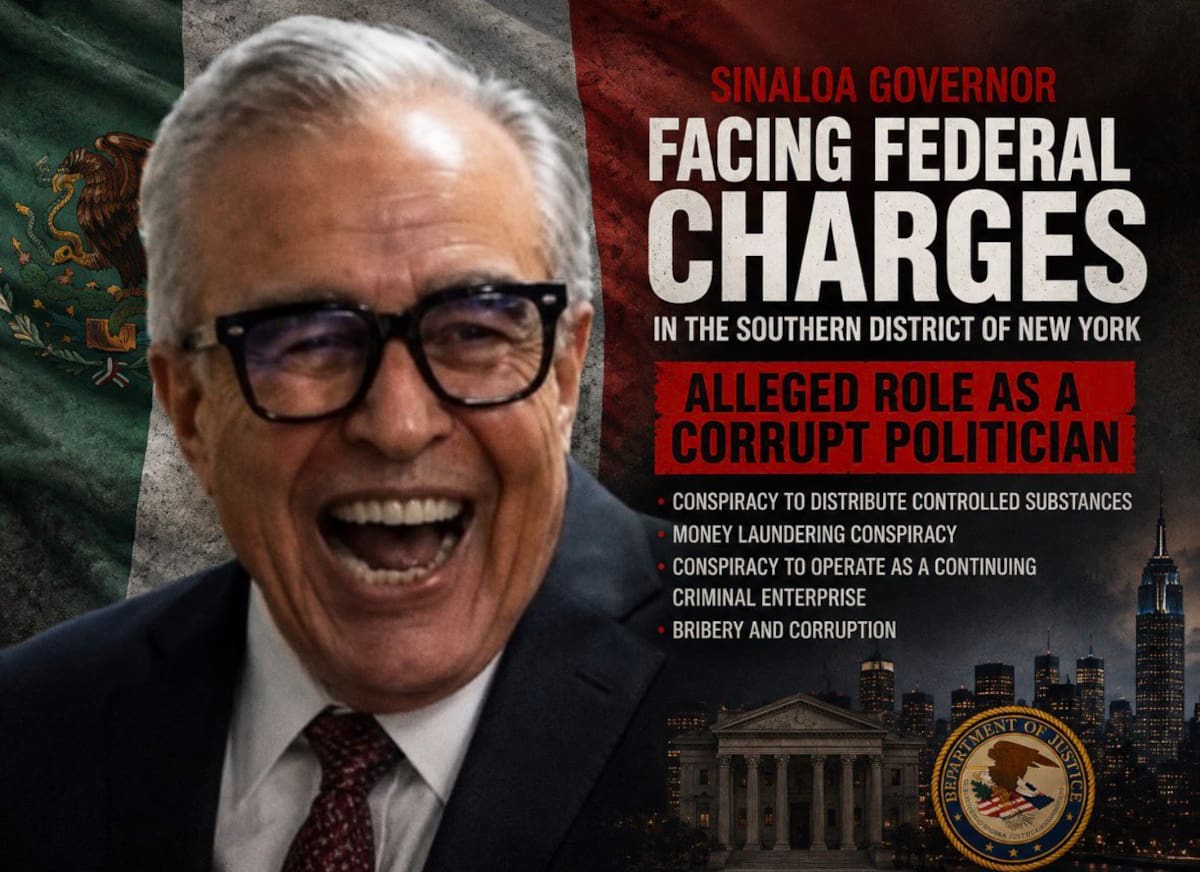 Imagen creada con inteligencia artificial y compartida por el exjefe de la DEA en su cuenta de X, en referencia a un eventual traslado de Rubén Rocha Moya a Estados Unidos. (@derekmaltz_sr)